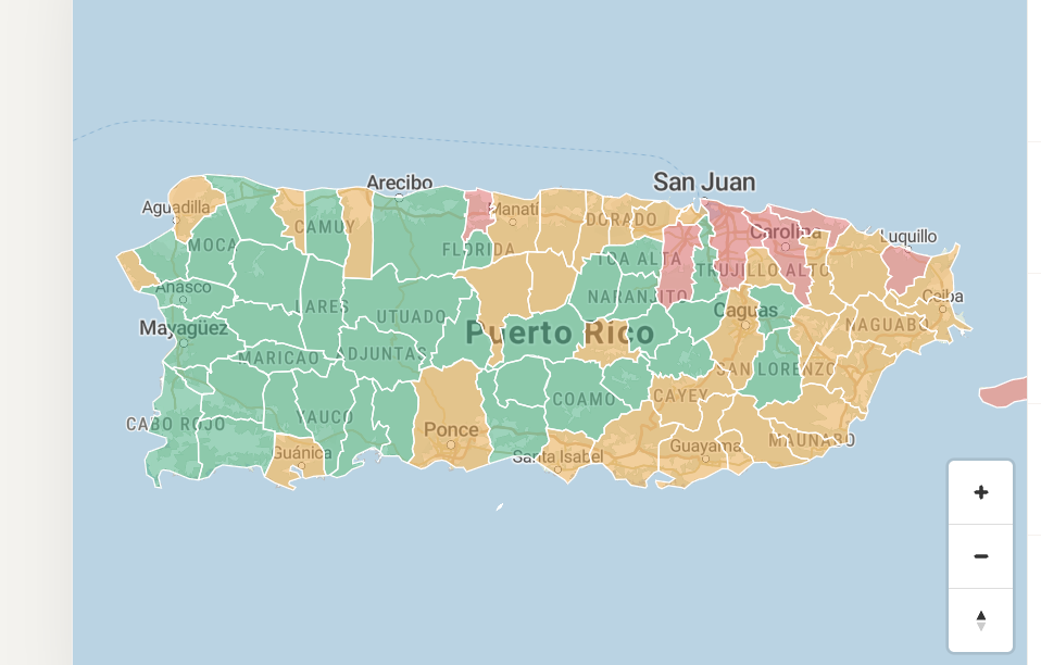 Puerto Rico safety-score map — municipalities color-coded by safety grade